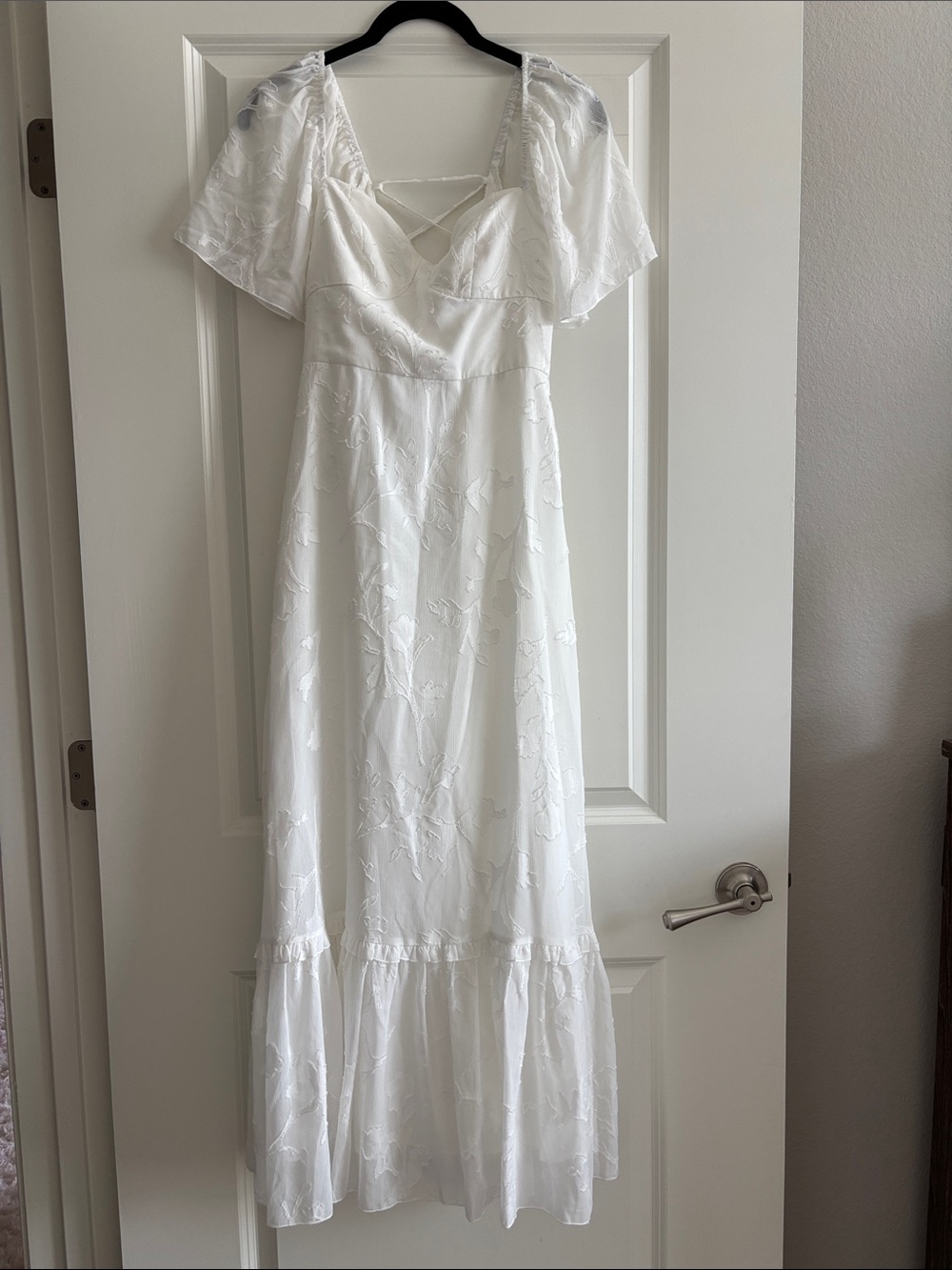 JJs House White Embroidered Maxi Dress with Flutter Sleeves